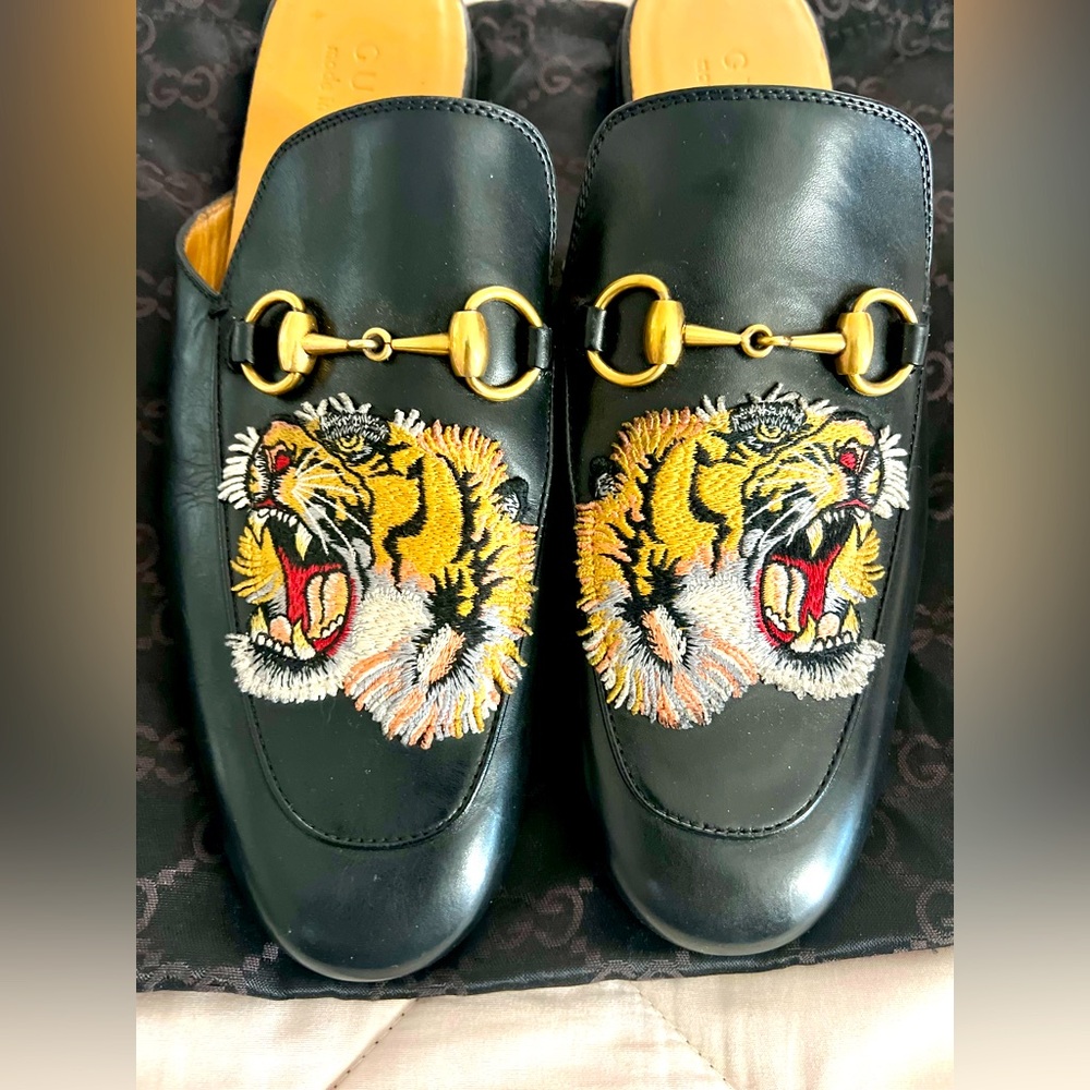 New Gucci Men KING TIGER PRINCETOWN Horsebit Leather Mule Shoe Black 7.5